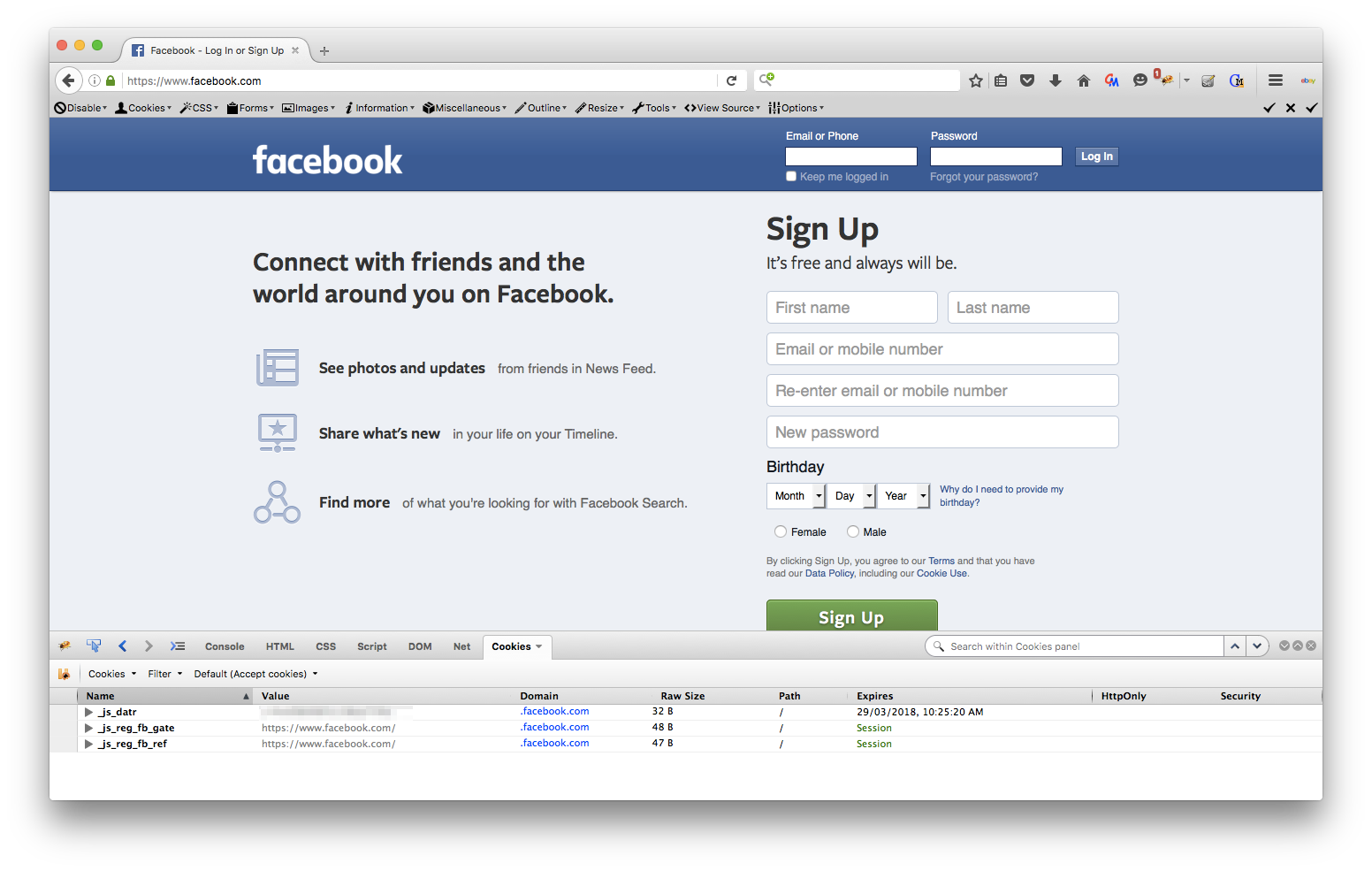 Firefox - facebook login page