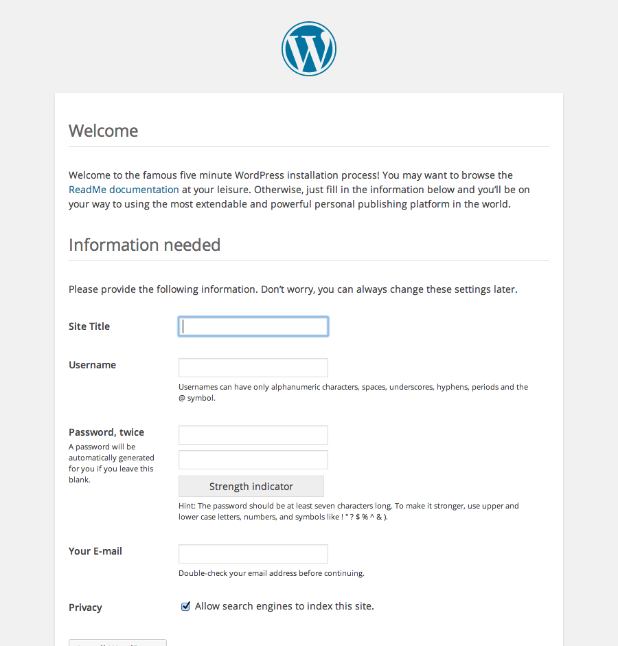 WordPress setup page