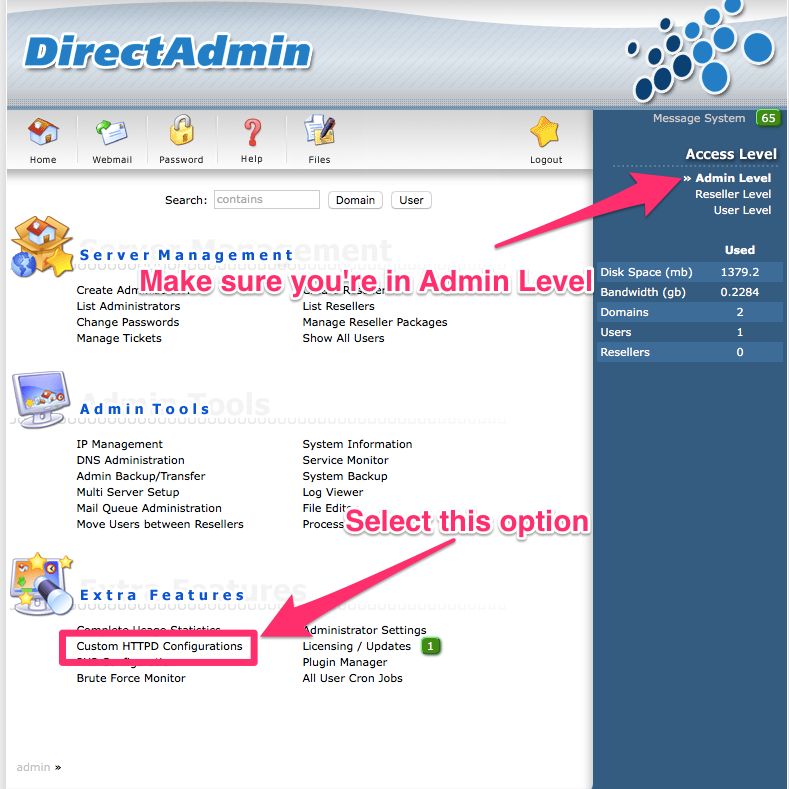 DirectAdmin home page