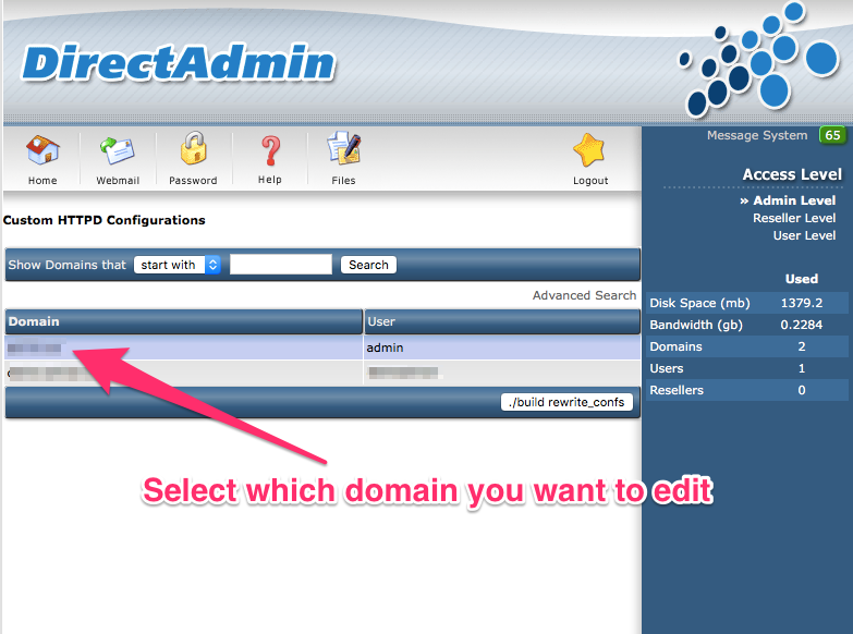 DirectAdmin select domain