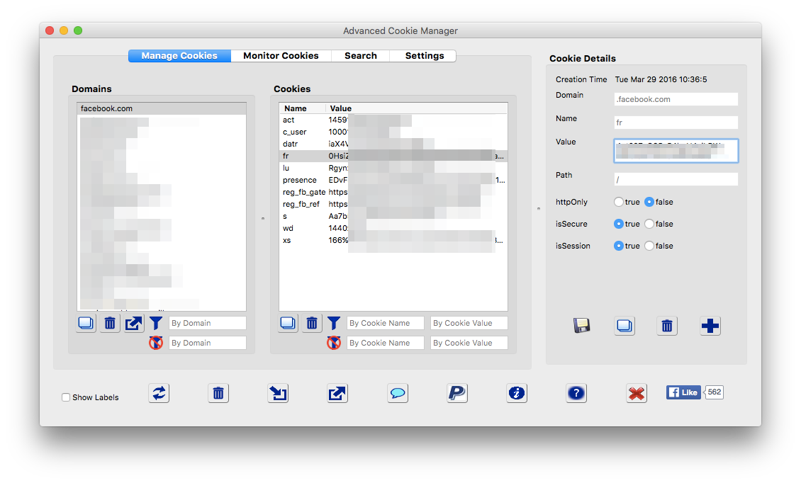 Advanced cookie manager with all session cookies