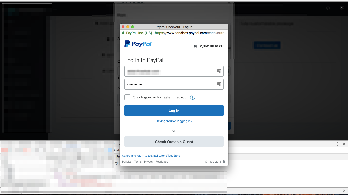 PayPal payment popup