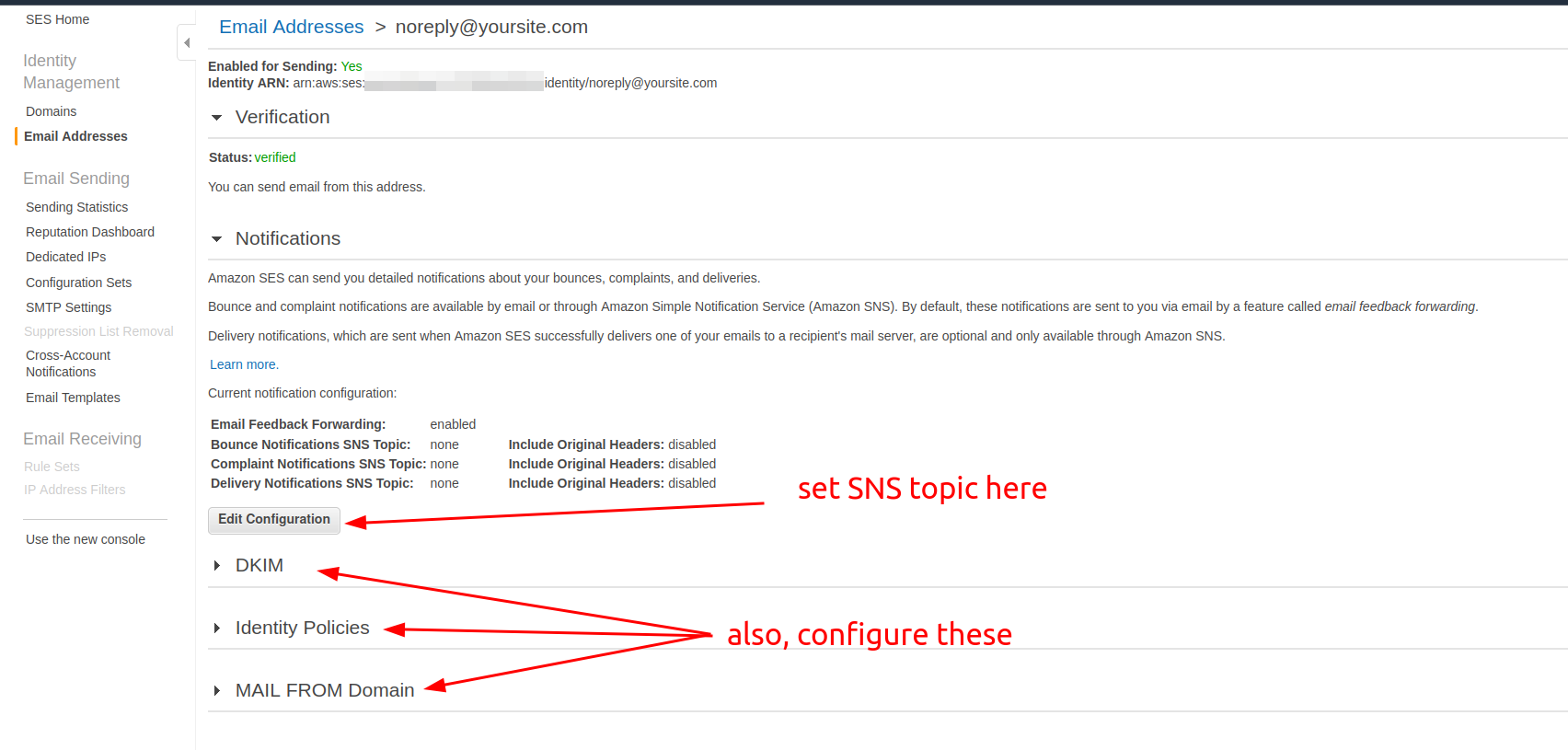 Configure SES to use SNS