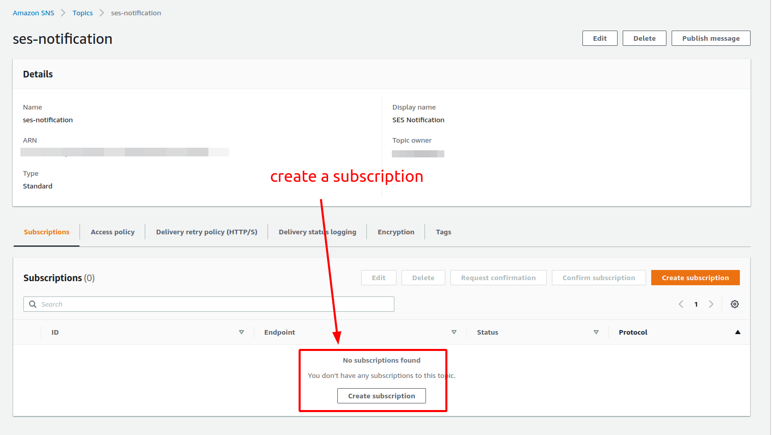 Create SNS subscription