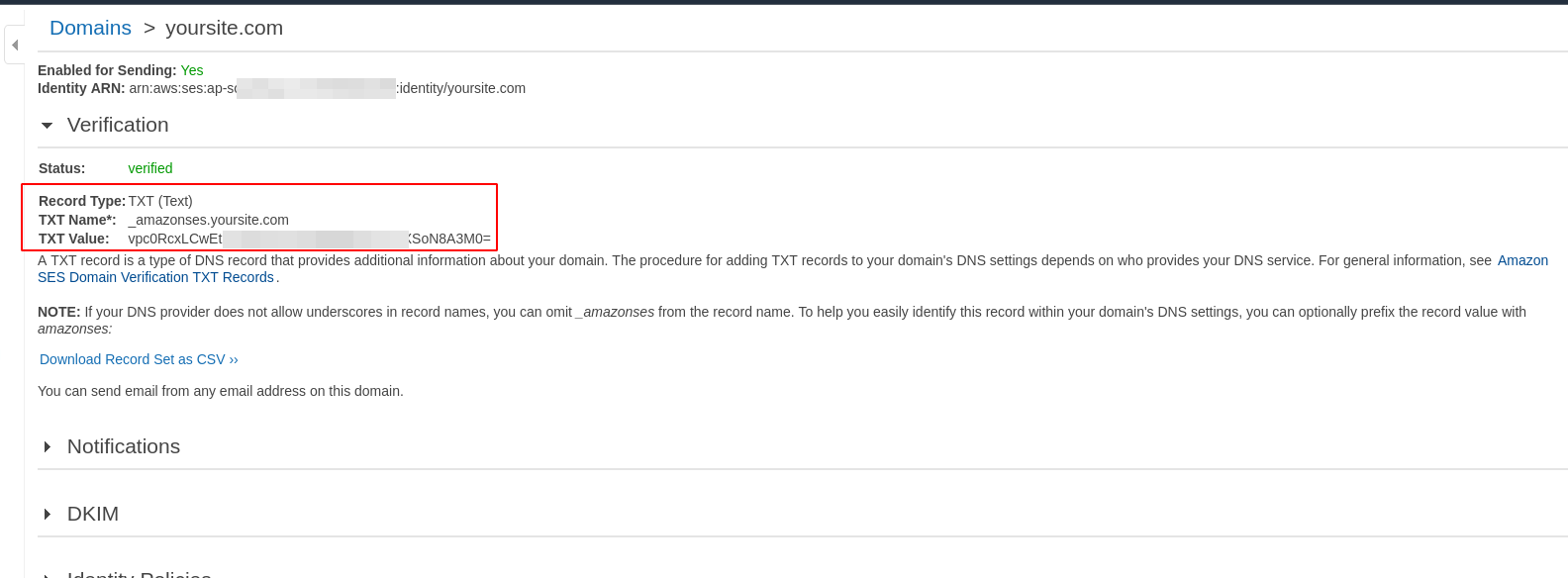 SES domain TXT record