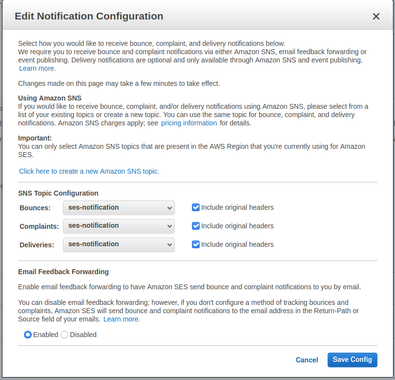 Configure SES to use SNS topic